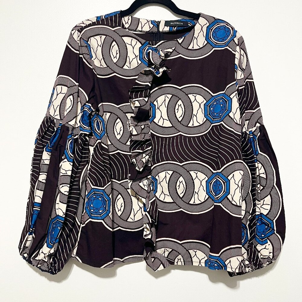 Womens Artsy Ruffle Printed Blouse M Maximalist Eclectic Ethnic Statement Sleeve